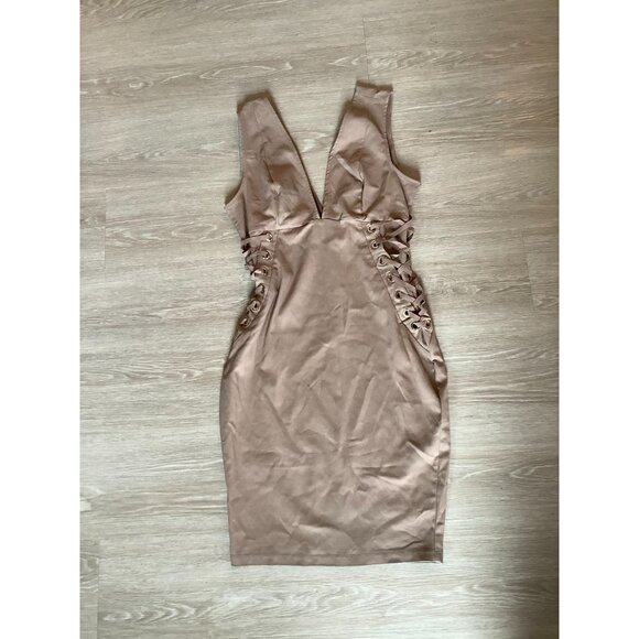 Iris Taupe Tan Corset V Neck Sleeveless Bodycon Midi Dress Women's Size XL - Picture 1 of 4